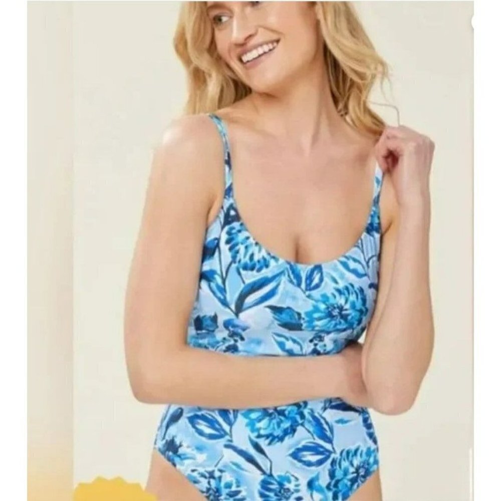 Andie Swim The Amalfi One Piece Swimsuit Bathing Suit Blue Floral‎ Size Large